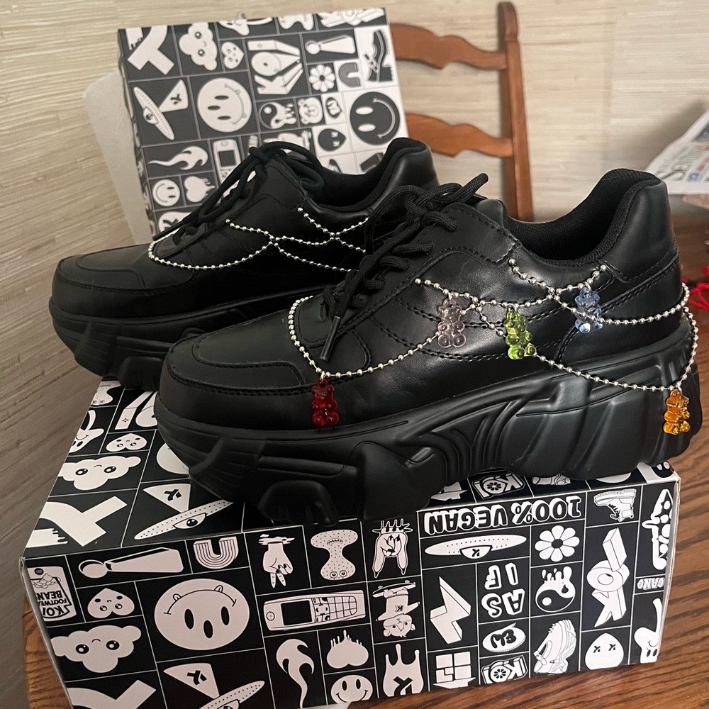 Black Platform Sneakers with Beaded Accents